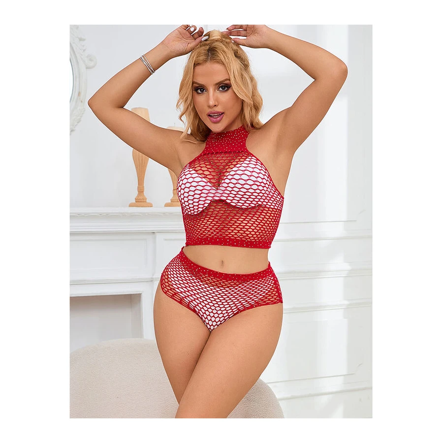 SUBBLIME - 952402 BODYSTOCKING SET RETE CON DIAMANTI ROSA TAGLIA UNICA